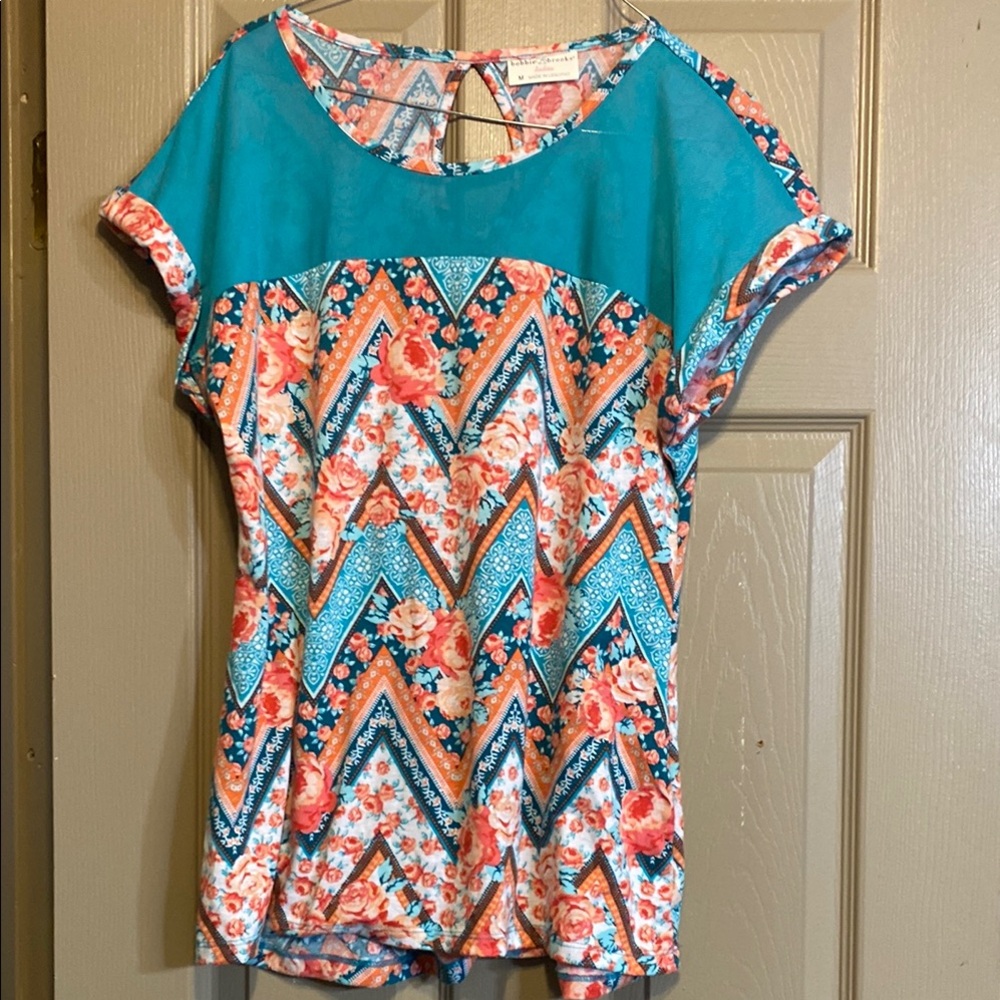 Bobbie Brooks Size M Floral Chevron Women's Top - Blue and Orange